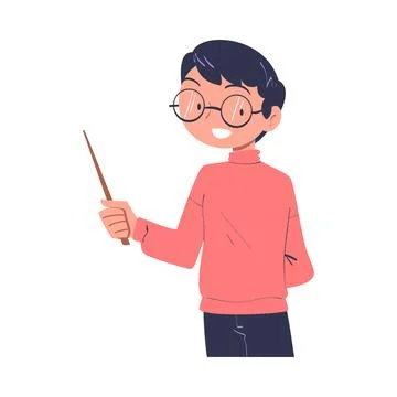 Man Teacher in Glasses with Pointer Engaged in Professional Job Vector Illustrazione stock