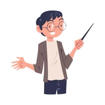 Man Teacher in Glasses with Pointer Engaged in Professional Job Vector Illustrazione stock