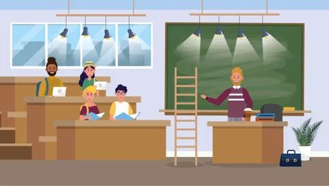 Man teacher with students in the classroom to learn Stock Illustration