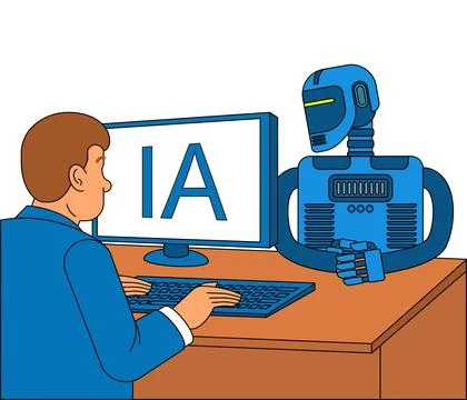 Man teaching AI to a humanoid robot. Concept for machine learning, artifici.. Illustrazione stock
