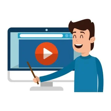 Man teaching with computer and media player Stock Illustration