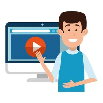 Man teaching with computer and media player Stock Illustration