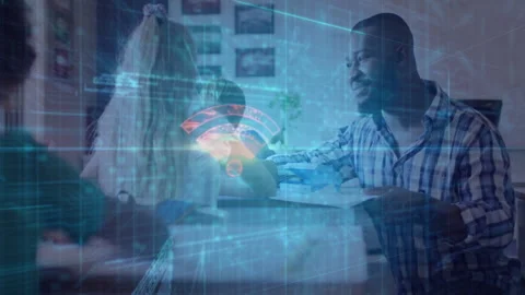 Man teaching kids in home study, with education network overlay showing code Stock Footage 309284718