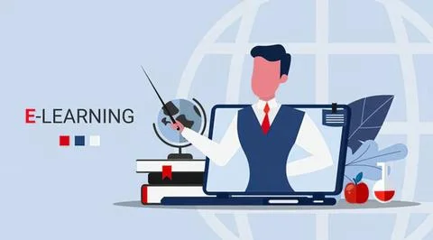 Man teaching online class with computer and globe イラスト素材