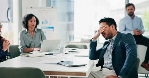 Man, team and angry at office meeting with stress, throw documents and fight at Stock Footage 329617363