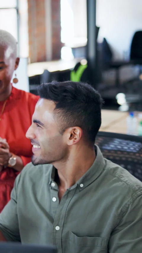 Man, team and applause in office with computer, fist pump or excited for Stock Footage 340453365
