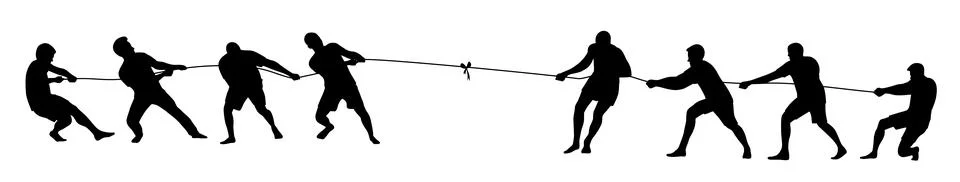 Man team pulling a rope in tug of war silhouette, concept of compete, teamwork Stock Illustration