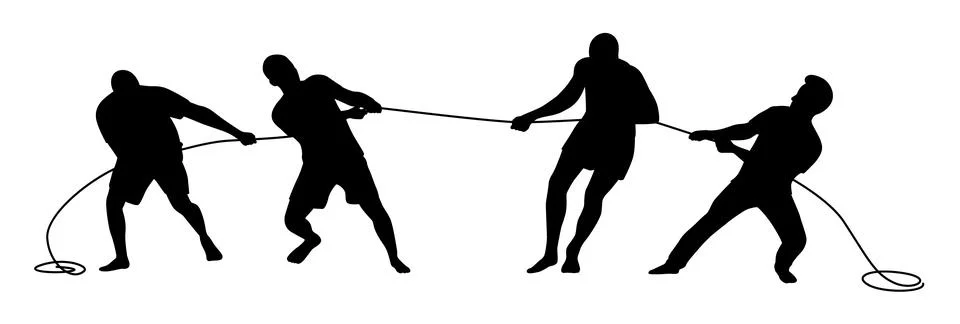 Man team pulling a rope in tug of war silhouette, concept of compete, teamwork Stock Illustration
