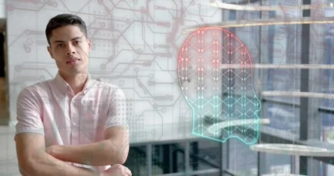 Man in tech atrium circuit overlay head icon projecting turning toward viewer Stock Footage 318607706
