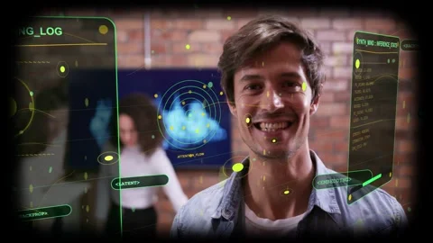 Man in tech lab smiling, HUD activating on face scan for demo, centering nodes Stock Footage 333169289