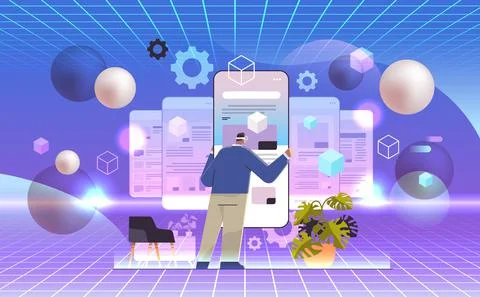 Man technician in virtual reality glasses repairing mobile application setting Illustrazione stock