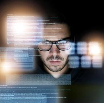 Man, technology and coding with overlay at night for career as data scientist 写真素材