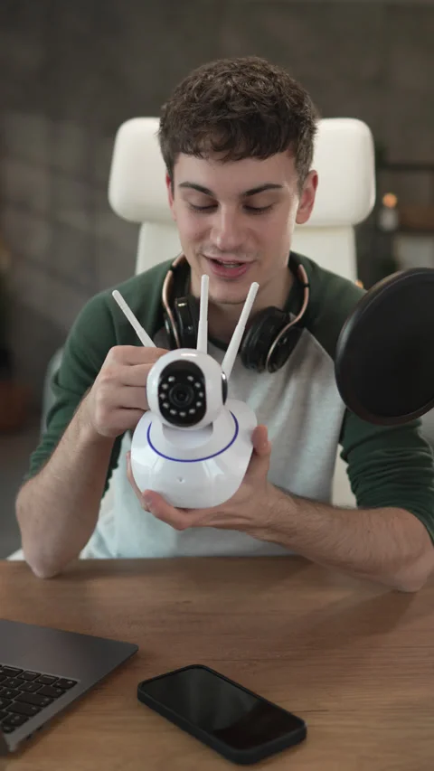 Man technology blogger record video blog or v-log of home cctv camera Stock Footage 292562017