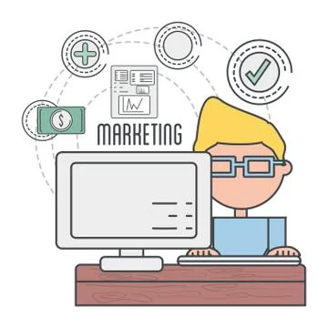 Man with technology computer and company information Stock Illustration