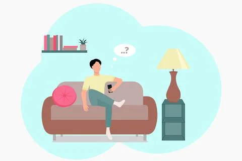 A man with a telephone is sitting on the couch. Vector of a man at home. The guy Stock Illustration