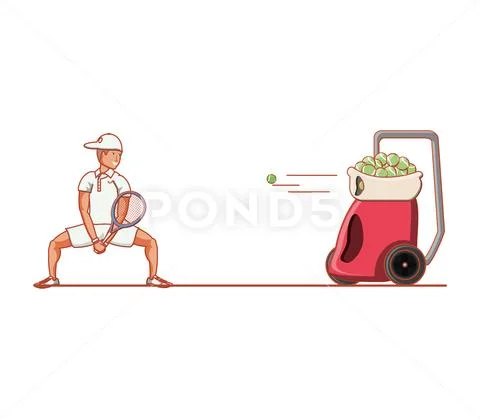Man tennis playing with ball throwing machine Stock Illustration