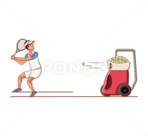 Man tennis playing with ball throwing machine Stock Illustration