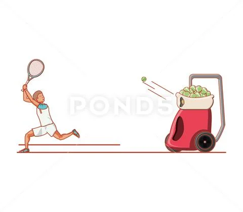 Man tennis playing with ball throwing machine Stock Illustration