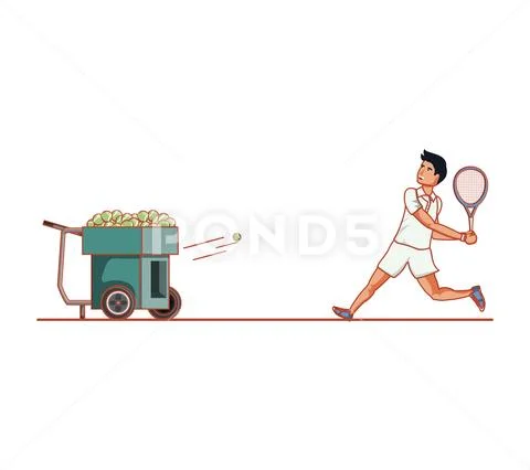 Man tennis playing with ball throwing machine Stock Illustration