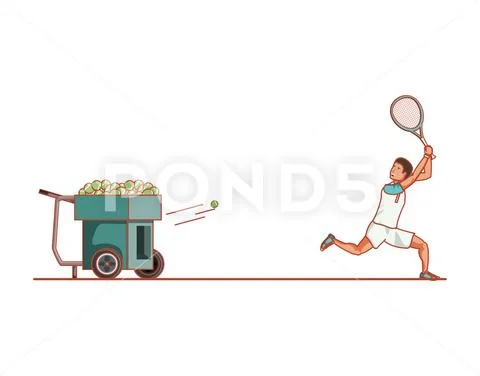Man tennis playing with ball throwing machine Stock Illustration
