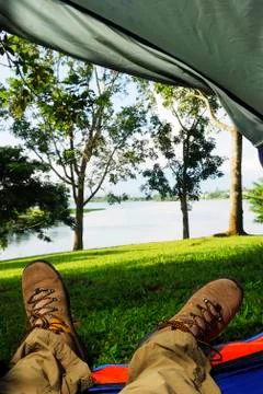 Man in tent Stock Photos