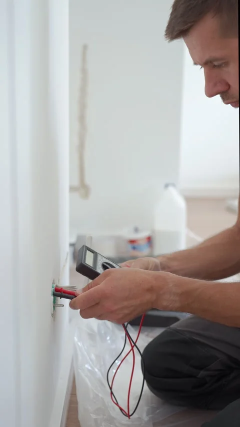 Man testing electrical wires with multimeter during home renovation 库存影片 345453068