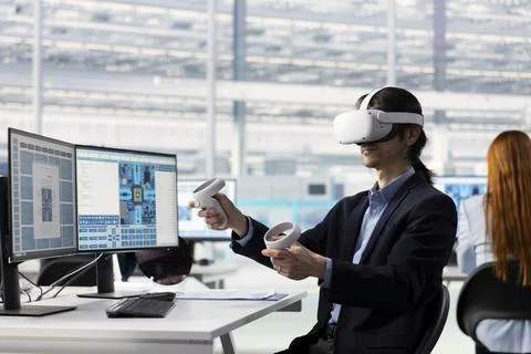 Man testing microchip electronics prototypes using VR tech Stock Photos