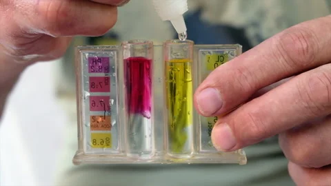 Man testing the PH level with a water testing kit Stock Footage 158218694
