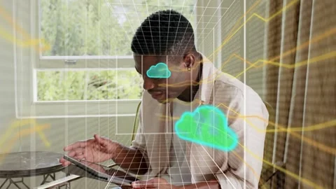 Man testing tech, tapping tablet, causing 3D grid, yellow waveform, cyan clouds Stock Footage 333287520