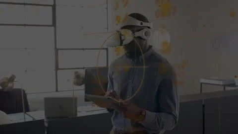 Man testing VR headset, reticle appearing and causing tablet tapping while Stock Footage 334040911