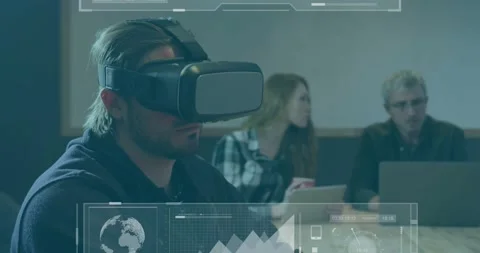 Man testing VR HMD glancing up, showing charts and gauges during tech demo, team Stock Footage 331161127