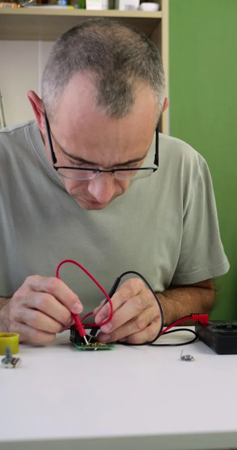Man tests electronic circuit using multimeter probes in vertical format Stock Footage 331198829