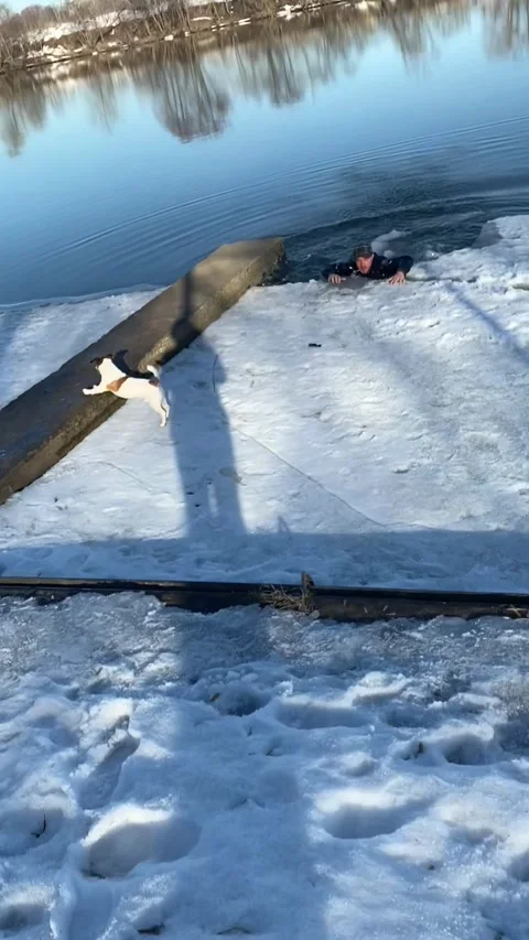 Man Tests Ice and Falls In, Moscow, Russia - 29 Mar 2021 Video stock 339741202