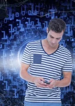 Man texting on blue interface 写真素材