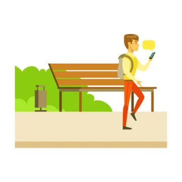 Man Texting With Smartphone While Walking, Part Of People In The Park Activities Ilustración de archivo