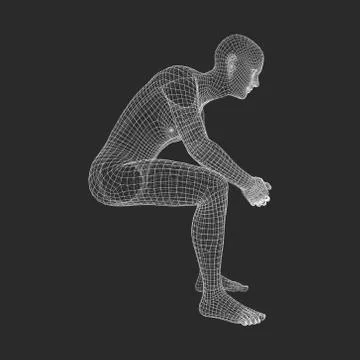 Man in a Thinker Pose. 3D Model of Man. Geometric Design. Stock Illustration