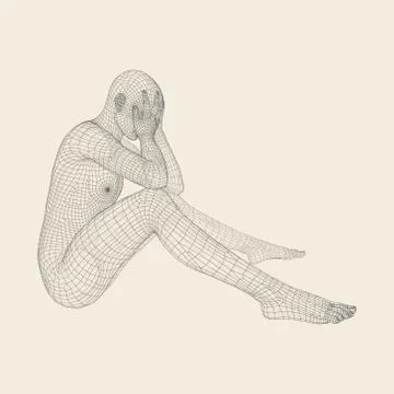Man in a Thinker Pose. 3D Model of Man. Geometric Design. Stock Illustration