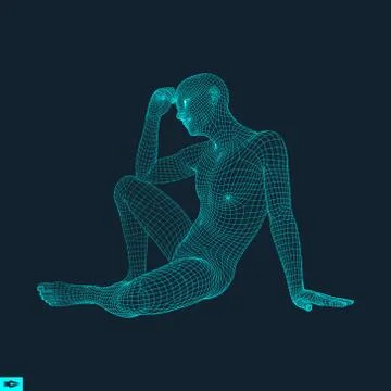 Man in a Thinker Pose. 3D Model of Man. Geometric Design. Stock Illustration