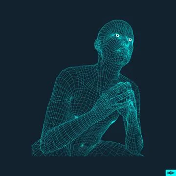 Man in a Thinker Pose. 3D Model of Man. Human Body Wire Model. Illustrazione stock