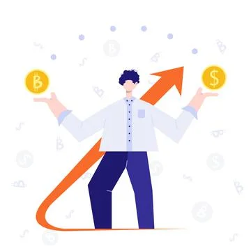 Man thinking about buying bitcoin. Male character standing with question mark Stock Illustration