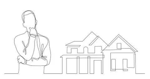Man thinking about buying his own home - continuous line drawing 스톡 일러스트