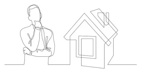 Man thinking about buying house - continuous line drawing 스톡 일러스트