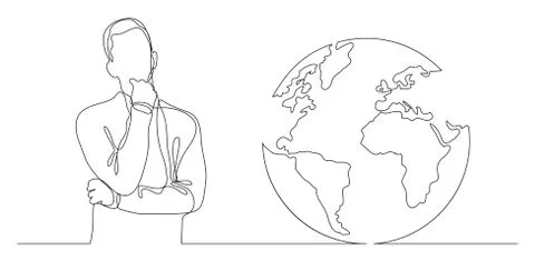 Man thinking about global issues - continuous line drawing Stock Illustration