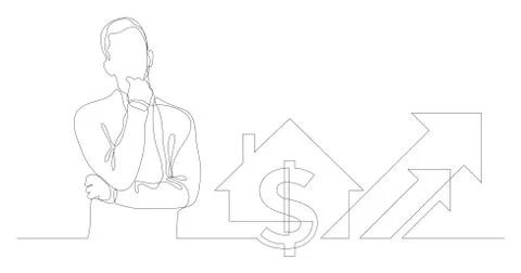Man thinking about growing real estate market - continuous line drawing Stock Illustration