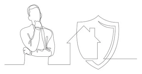 Man thinking about home security - continuous line drawing Stockillustratie