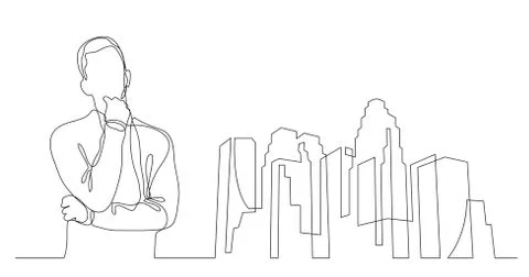 Man thinking about relocating to big city - continuous line drawing 스톡 일러스트