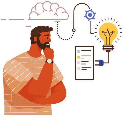 Man thinking about technical equipment, wires, light bulb. Different mental Stock Illustration