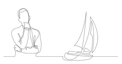 Man thinking about vacation on sailing boat - continuous line drawing Stock Illustration