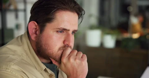 Man, thinking and computer at startup with review, problem solving or decision Stock Footage 325987868