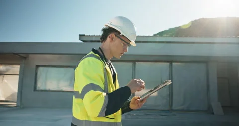 Man, thinking and construction worker with tablet on site with research for Stock Footage 343529472